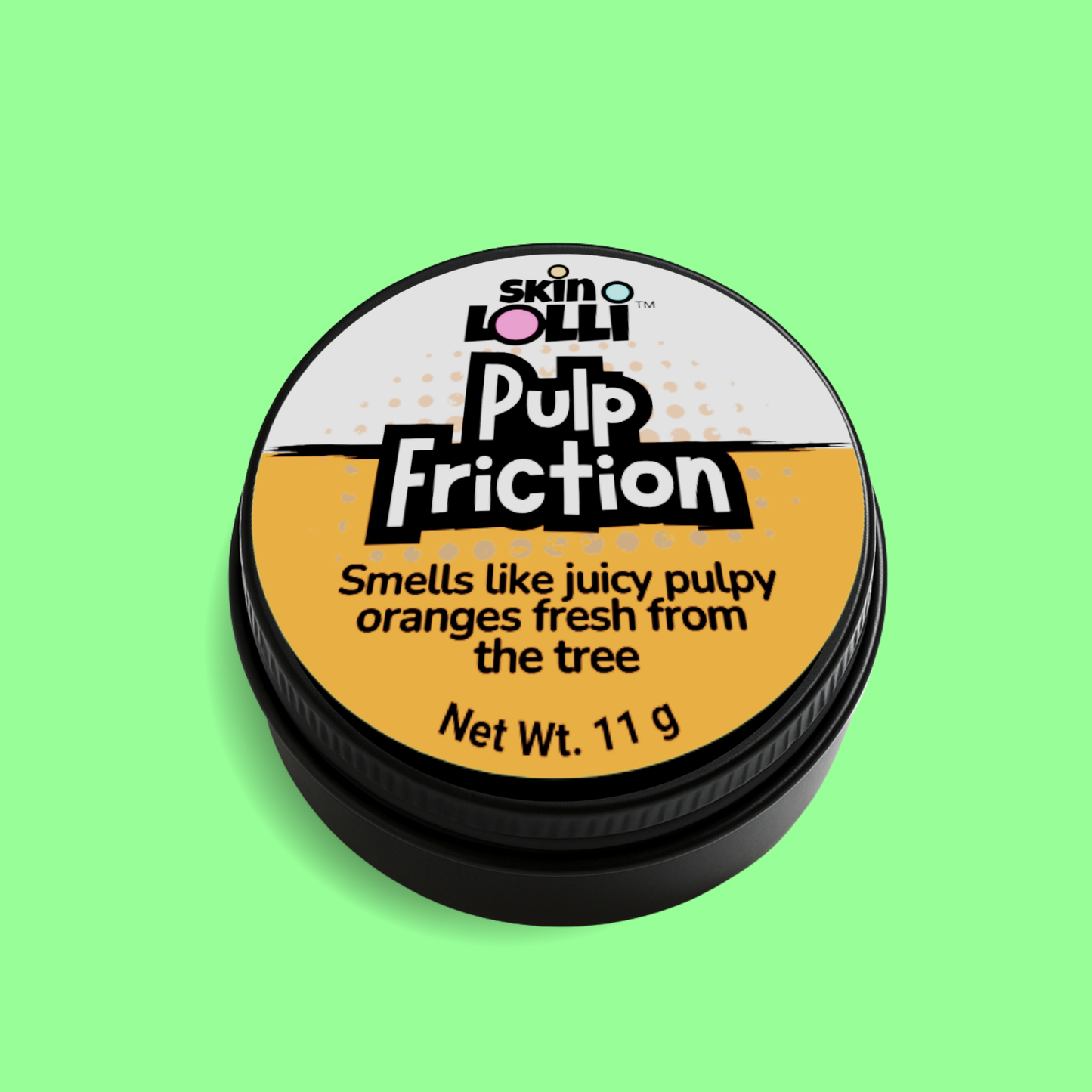 A tin of Pulp Friction by Skin Lolli - an orange scented perfume. Net weight 11g. Smells like juicy pulpy oranges fresh from the tree