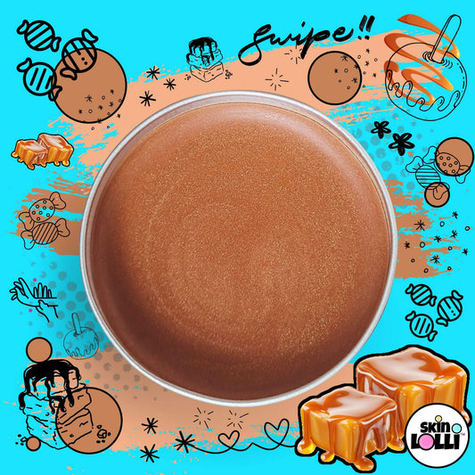 Open tin of Caramel Cray Cray which is a caramel-colored swipe on scent. it is surrounded by caramel treat doodles