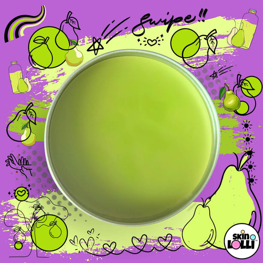 Open tin of green solid swipe on scent Barely Pear on a purple background with pear illustrations and 'Swipe' text