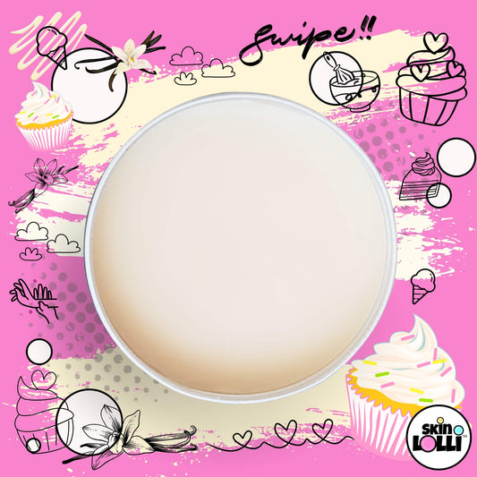 open tin of skin lolli Killer Vanilla surrounded by vanilla cupcake doodles