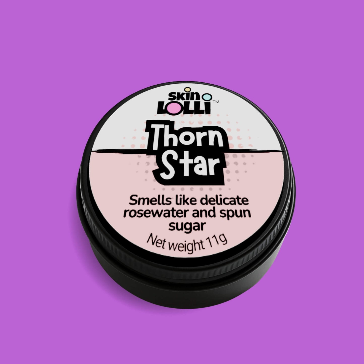 tin of thorn star by Skin Lolli against purple background