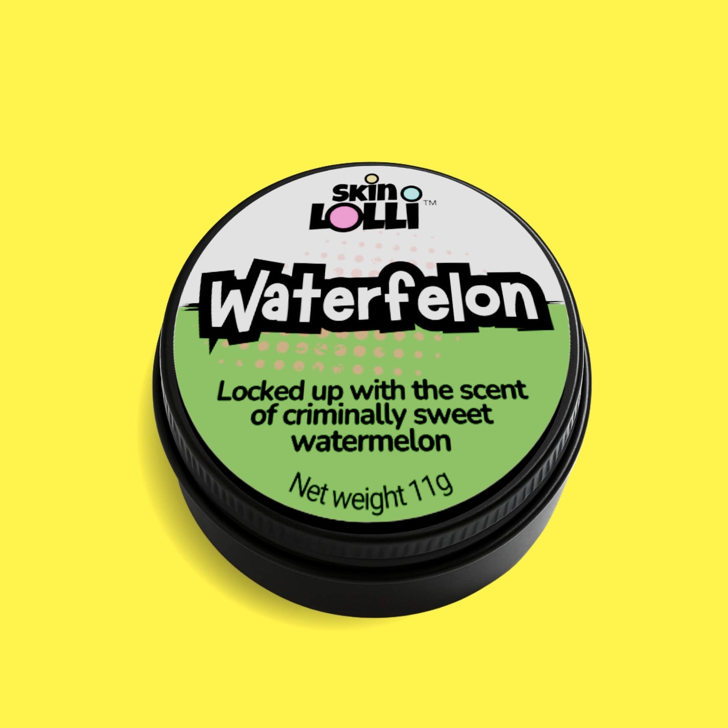 tin of Skin Lolli Waterfelon - watermelon swipe-on scent on yellow background