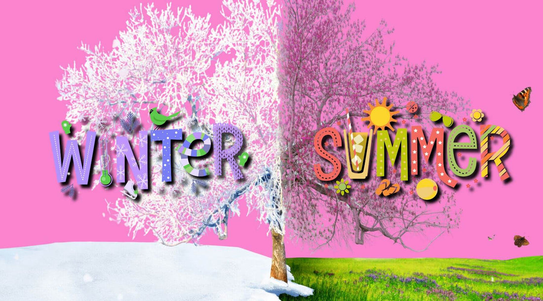split screen image of a tree in winter covered in snow and bare in summer. the words winter and summer are on each side