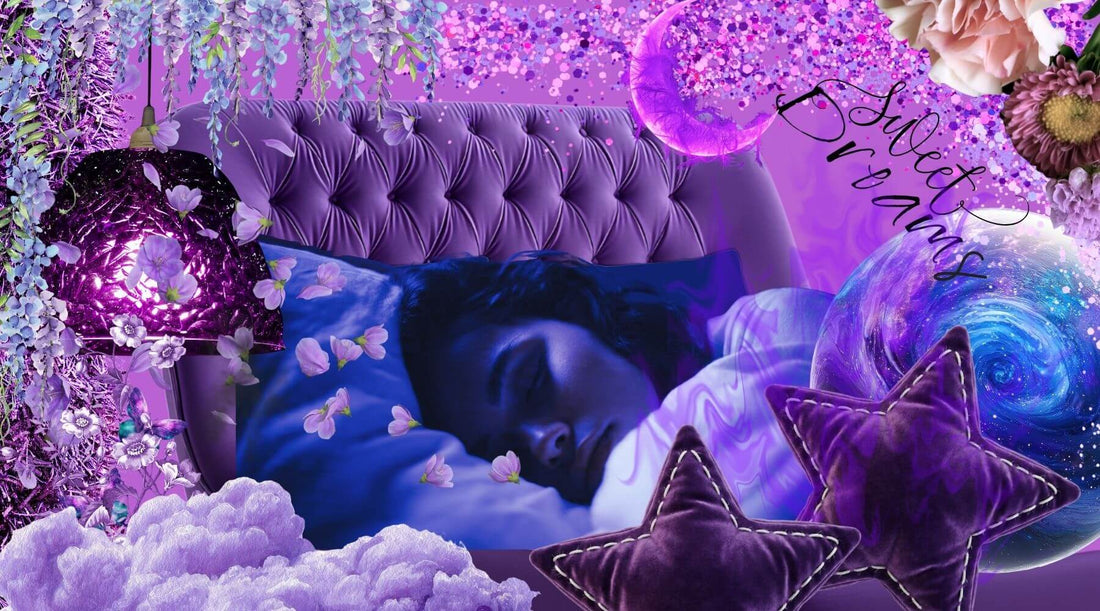 purple bedroom collage with girl sleeping peacefully and the words sweet dreams floating above her