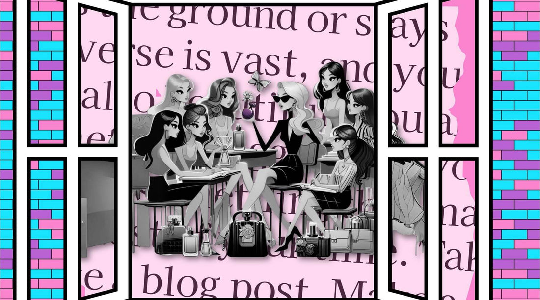 illustration of young girls in a classroom surrounding a teacher holding a perfume bottom, setting with words behind them on a pink wall and 