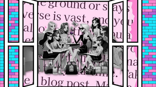 illustration of young girls in a classroom surrounding a teacher holding a perfume bottom, setting with words behind them on a pink wall and 