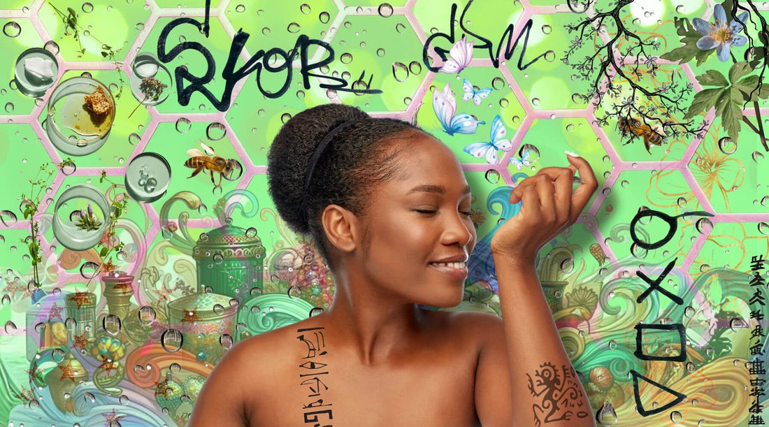 Colourful collage centred around a dark skinned girl with ancient tattoos surrounded by elements of nature smelling her wrist