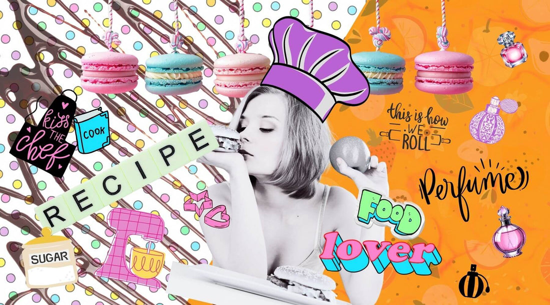 Colourful collage centred around a woman who is smelling food. There are food, ingredients and baking equipment scattered around along with perfume bottles