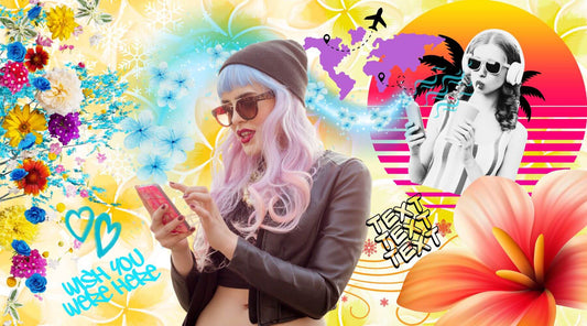 colourful collage focused on two girls texting each other from different parts of the world, the scent of flowers