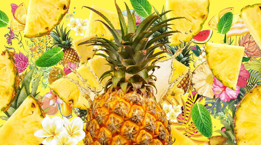 bright yellow collage featuring pineapples