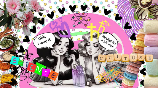 Colourful collage centred around 2 girls who have different opinions about a perfume bottle