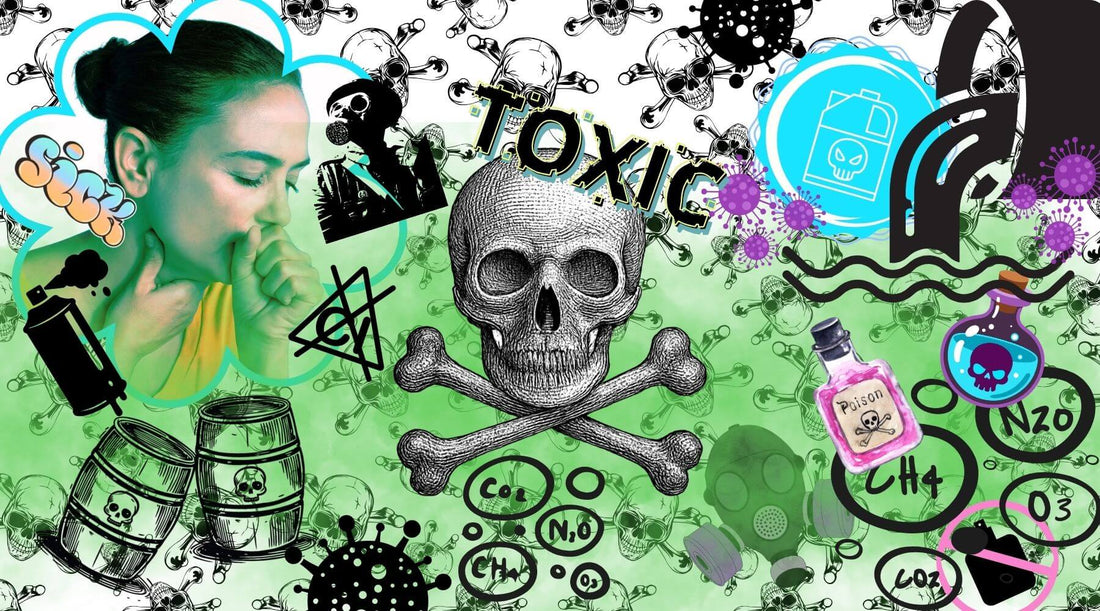 collage focused around skull and cross bones and other icons of chemicals and danger with green toxic smoke 