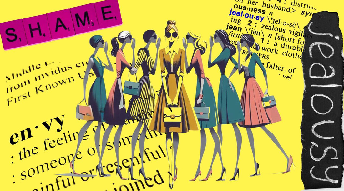 a group of girls whispering about another girl's perfume behind her back, with words jealousy, shame and envy as a backdrop