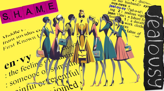 a group of girls whispering about another girl's perfume behind her back, with words jealousy, shame and envy as a backdrop