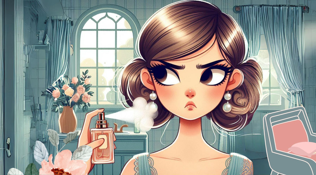 girl frowning while spraying perfume with chemicals all over her