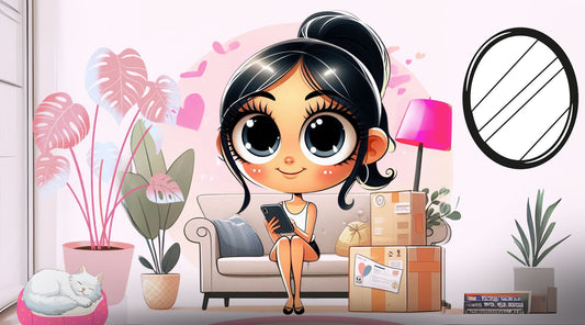 illustration of a woman sitting on her couch with her mobile phone ordering perfume