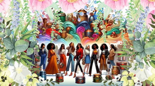 Stylish women surrounded by exotic solid perfume tins and lush gardens