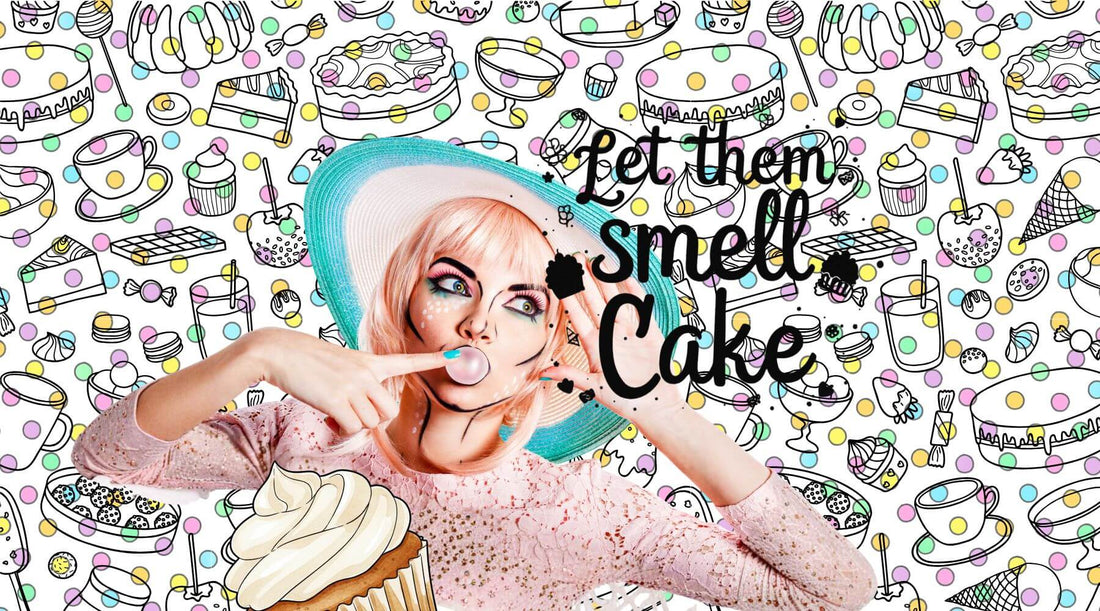edgy girl blowing bubblegum in front of a cupcake wallpaper with sign that says Let them smell cake