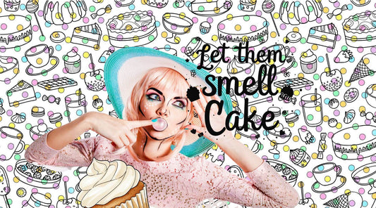 edgy girl blowing bubblegum in front of a cupcake wallpaper with sign that says Let them smell cake