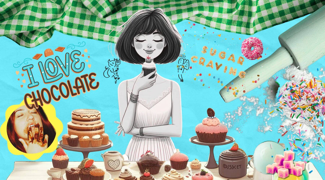 colourful collage centred around an Illustration of woman resisting eating a cupcake in a kitchen. There are bakery graphics and photos and sugar