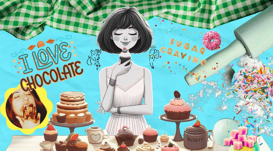 colourful collage centred around an Illustration of woman resisting eating a cupcake in a kitchen. There are bakery graphics and photos and sugar