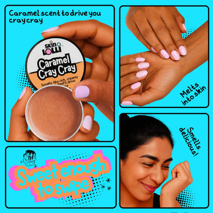 grid of 4 images with girls holding and applying the swipe on scent Caramel Cray Cray by Skin Lolli. Tagline reads, Sweet enough to swipe. Headlines read, caramel scent to drive you cray cray, melts into skin, smells delicious.