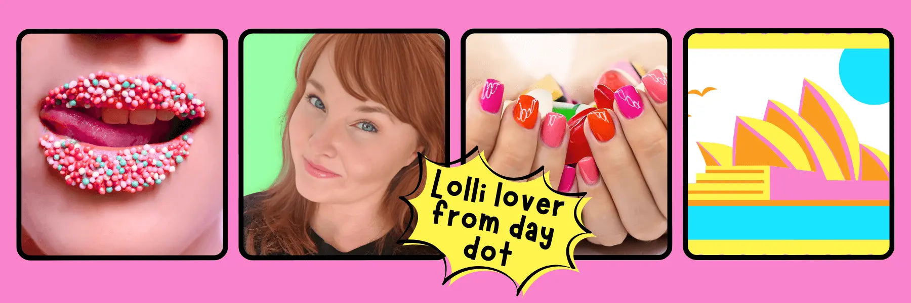 Collage of images including lips with sprinkles, a person with colorful nails, and a colorful sunset design on a pink background alongside image of Donna, founder of Skin Lolli