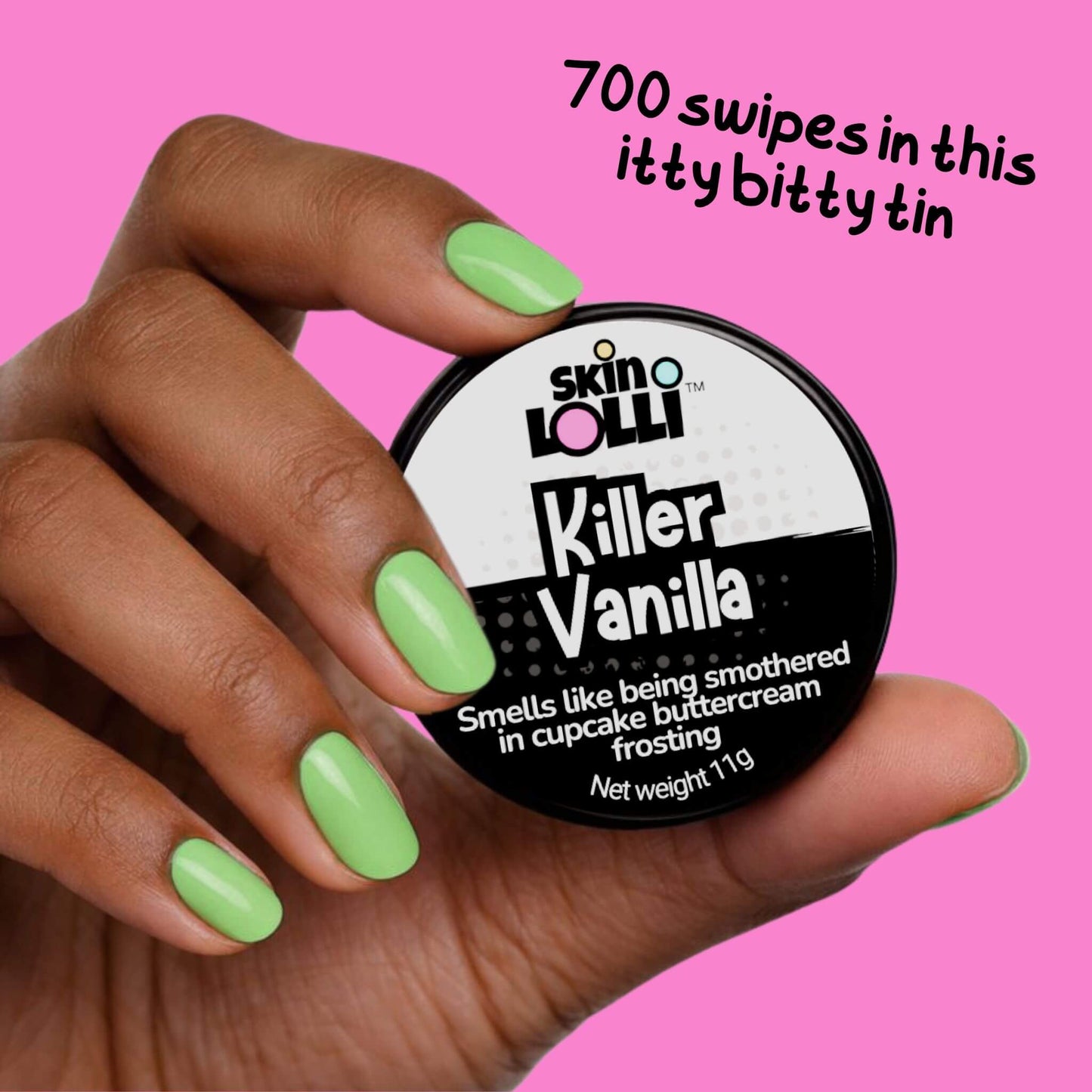 Hand holding a container of 'Killer Vanilla' by Skin LOLLI against a pink background