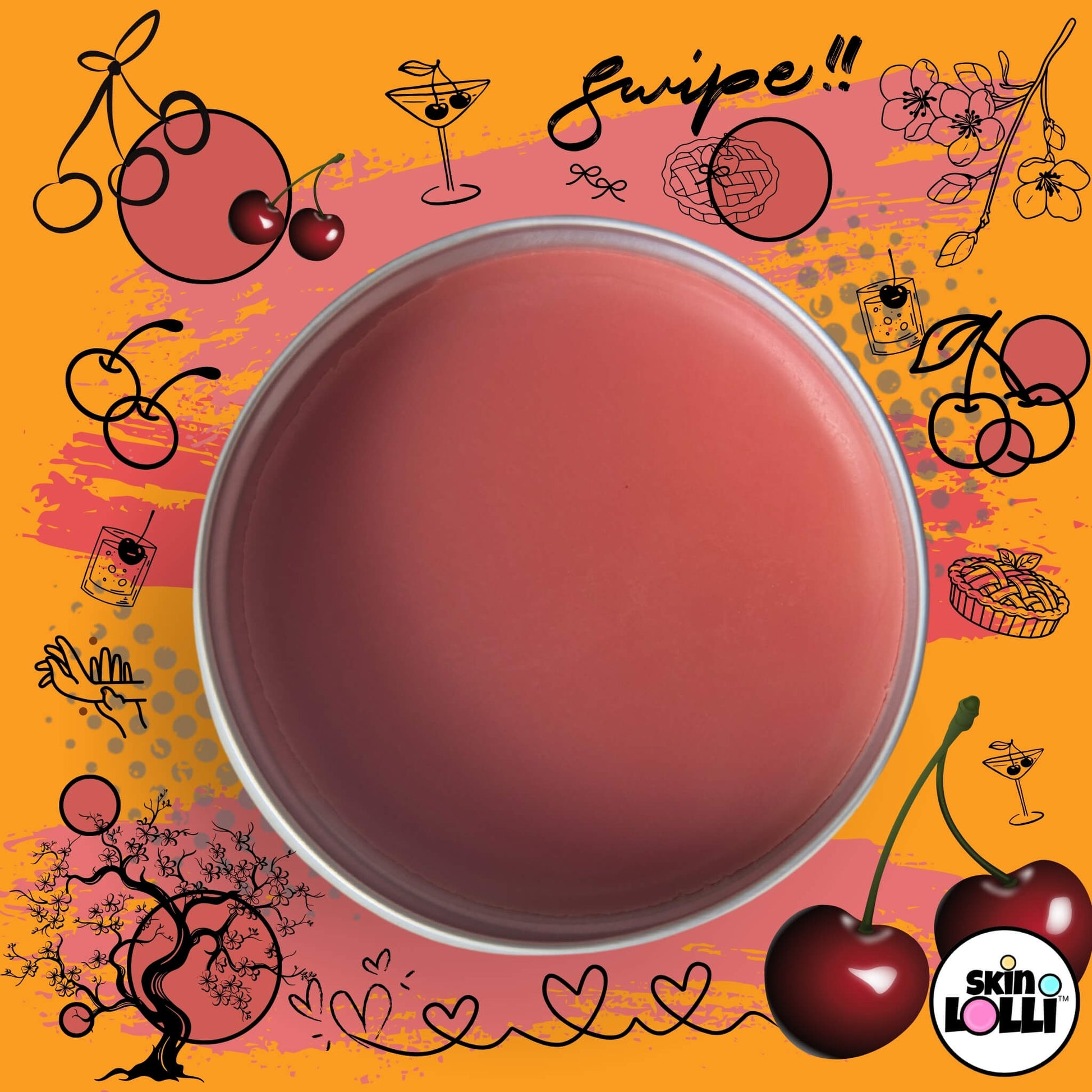 open Tin of 'Pop My Cherry' swipe-on scent by Skin Lolli surrounded by cherry doodles
