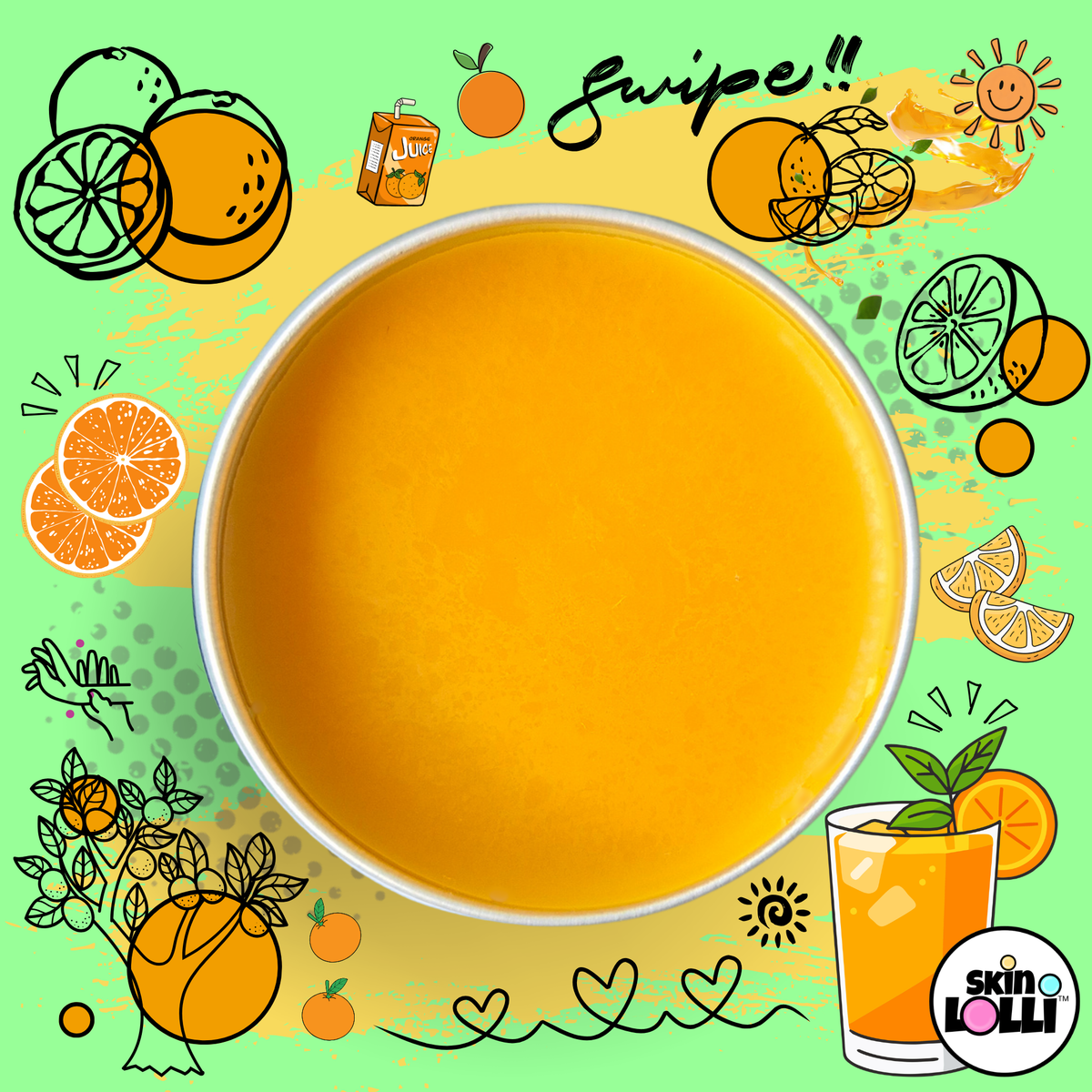 A top-down view of an open tin of Pulp Friction by SKIN LOLLI - an orange coloured perfume cream. The image of the perfume is surrounded by doodles of oranges and orange juice.