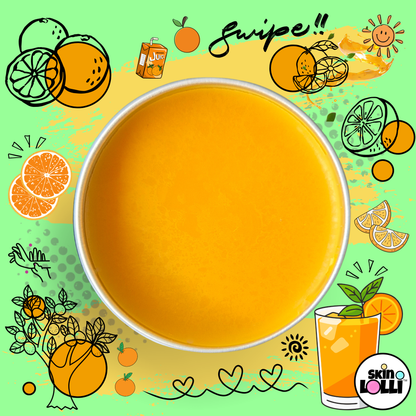 A top-down view of an open tin of Pulp Friction by SKIN LOLLI - an orange coloured perfume cream. The image of the perfume is surrounded by doodles of oranges and orange juice.