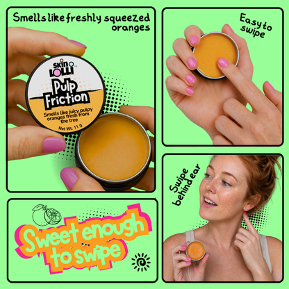 Colourful grid of 4 images featuring woman holding and applying Pulp Friction by SKIN LOLLI, an orange scented solid perfume that is swipe onto skin. Messages read, smells like freshly squeezed oranges, easy to swipe, swipe behind ear, sweet enough to swipe