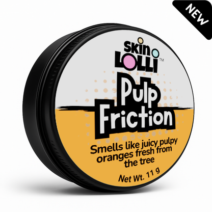 A tin of Pulp Friction by SKIN LOLLI - a solid perfume balm that smells like juicy, pulpy oranges fresh from the tree. Net weight 11g. Call out in corner says NEW