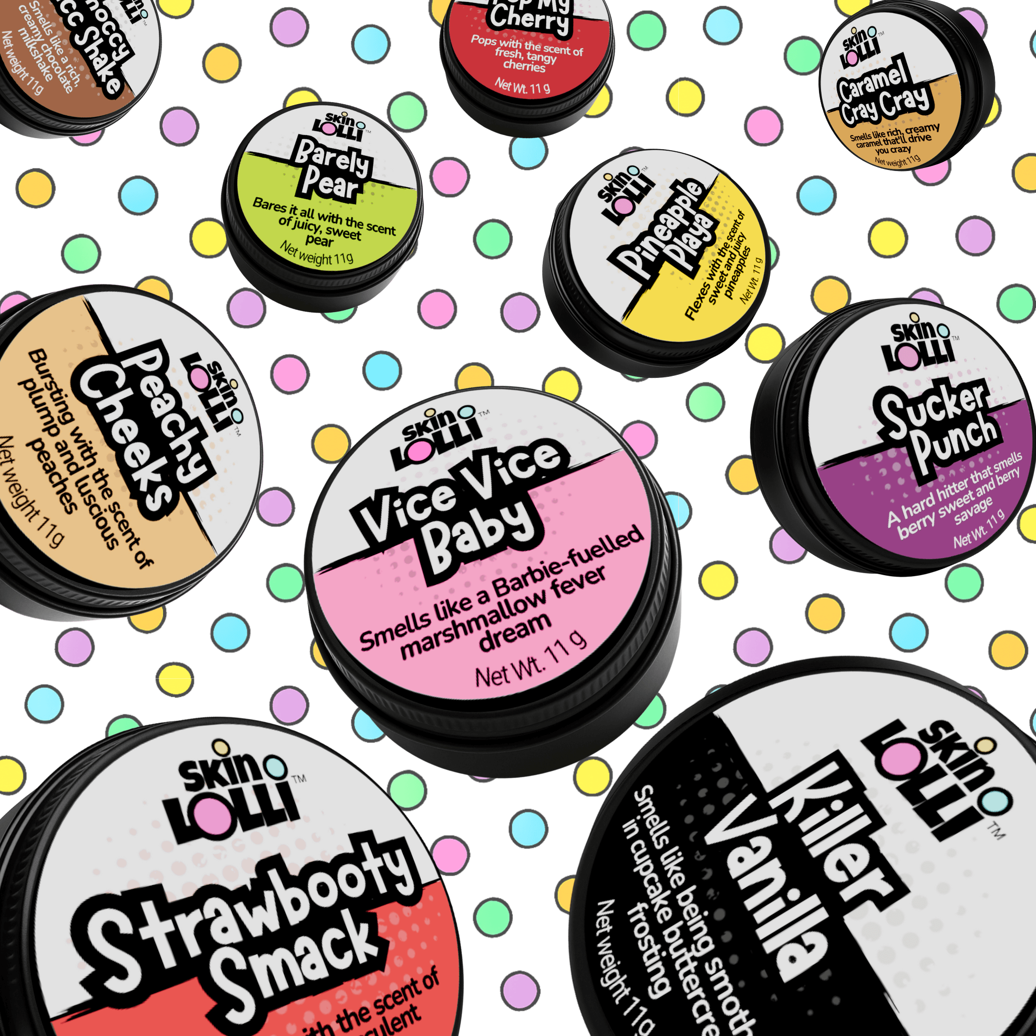 Collection of Skin Lolli solid perfume scents floating against a background of candy coloured polka dots