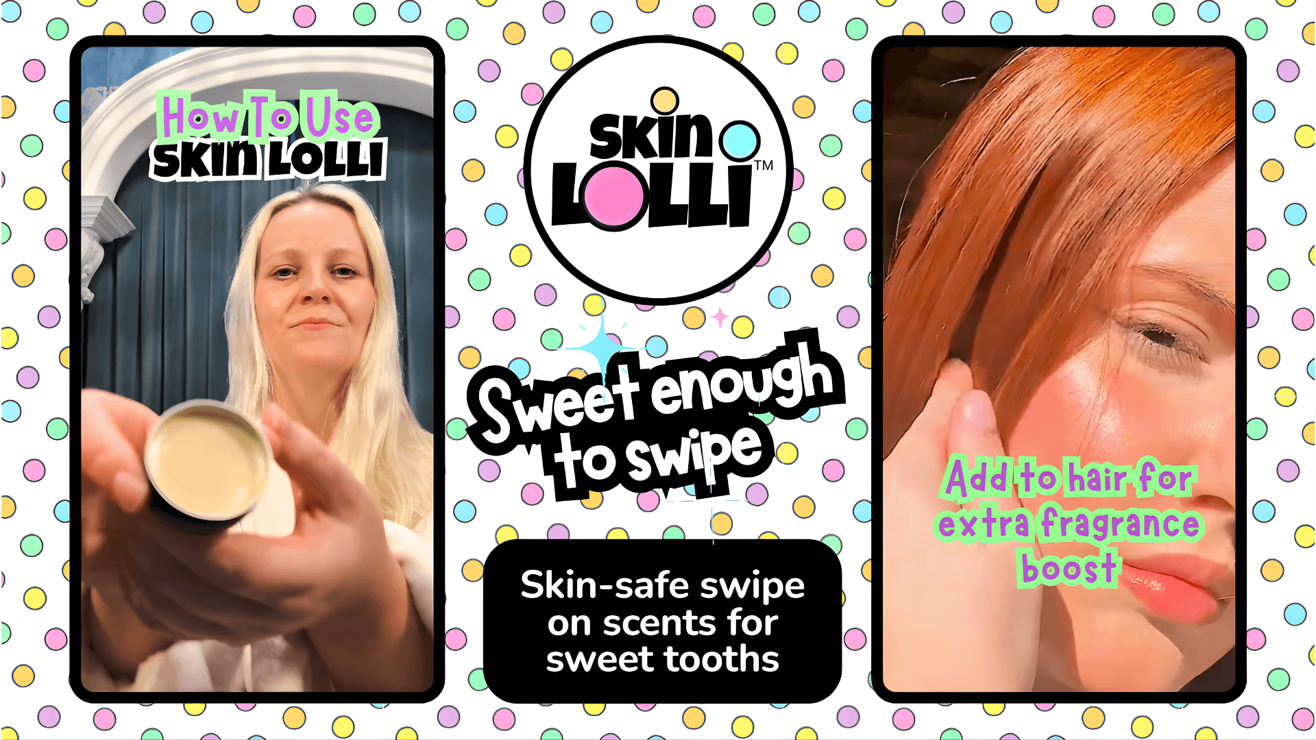 Load video: Video shows a compilation of people applying Skin Lolli scents to their wrists, neck and hair. Caption reads: Skin Lolli, sweet enough to swipe, skin-safe swipe on scents for sweet tooths