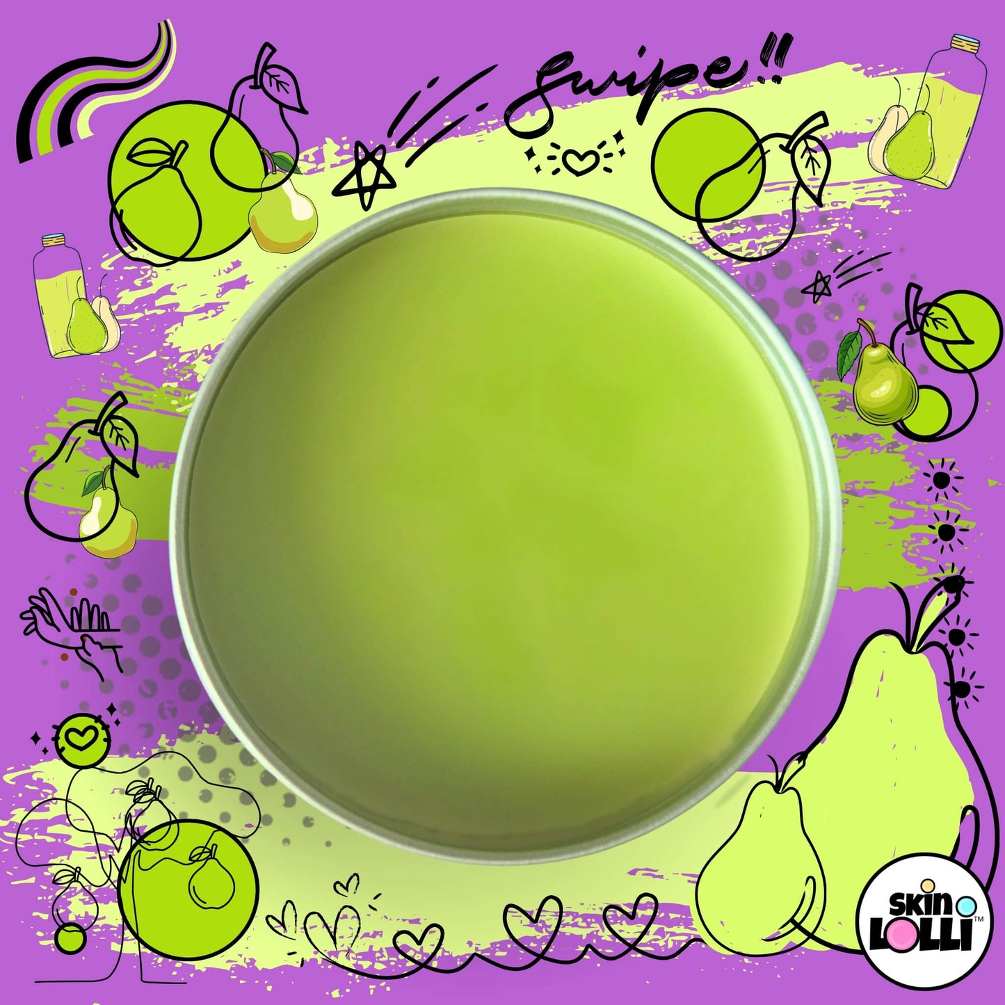 Open tin of green solid swipe on scent Barely Pear on a purple background with pear illustrations and 'Swipe' text