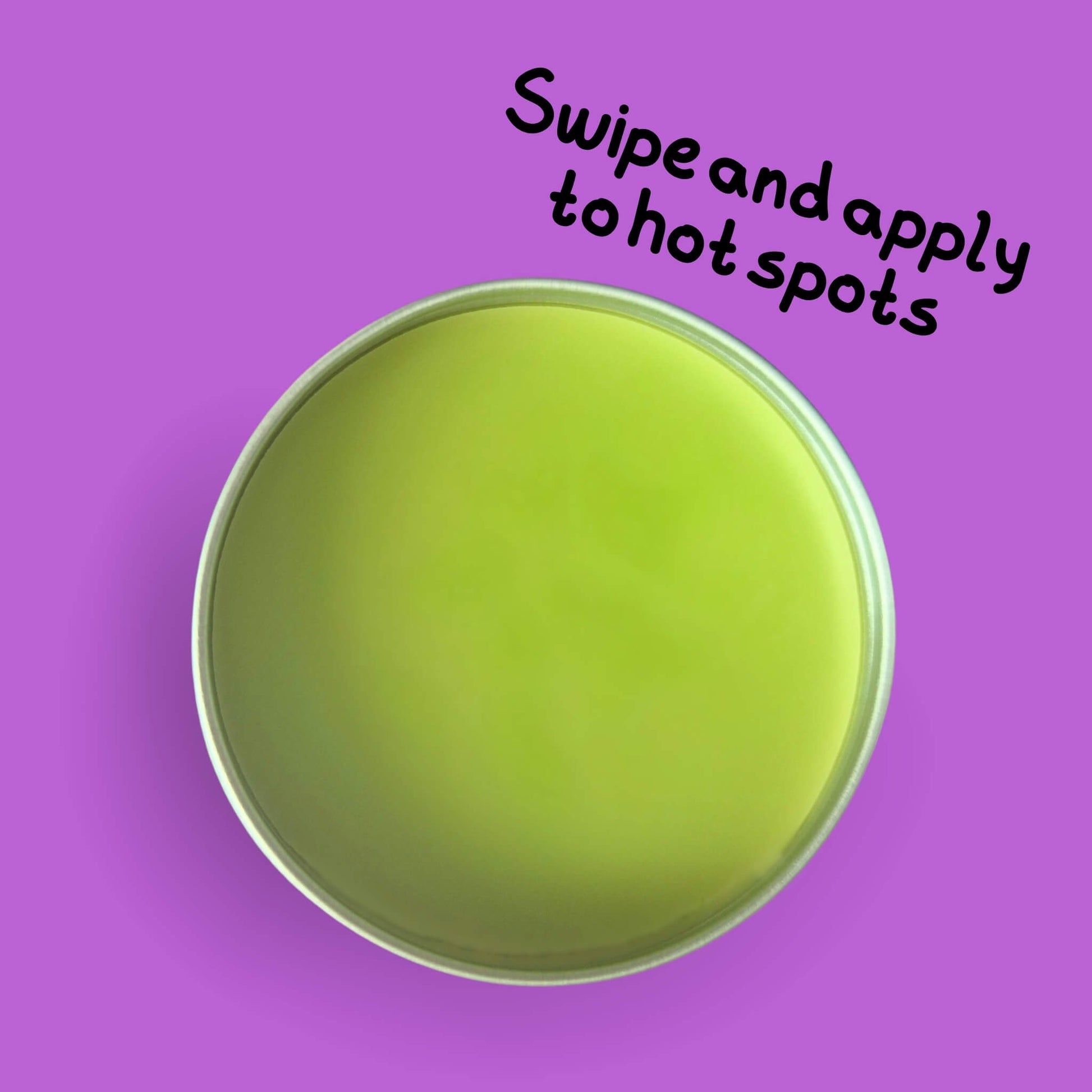 Open tin of Barely Pear Skin lolli which is light green and text, swipe and apply to hot spots'.