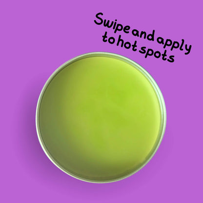 Open tin of Barely Pear Skin lolli which is light green and text, swipe and apply to hot spots'.