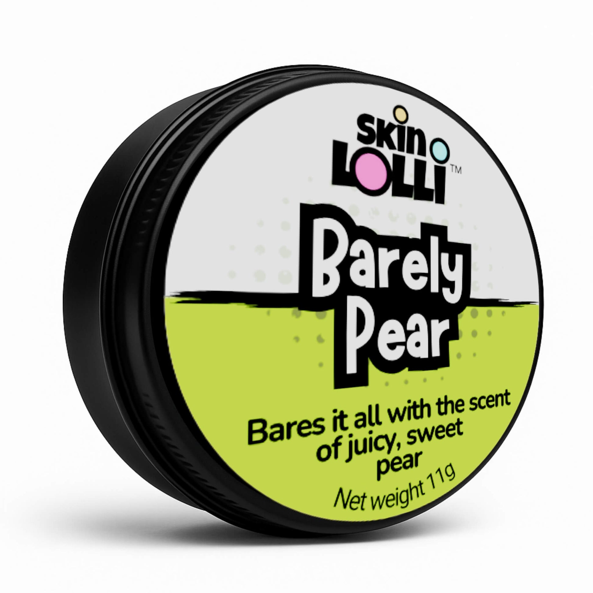 Tin of skin LOLLI Barely Pear solid scent with black, white, and green design on a white background