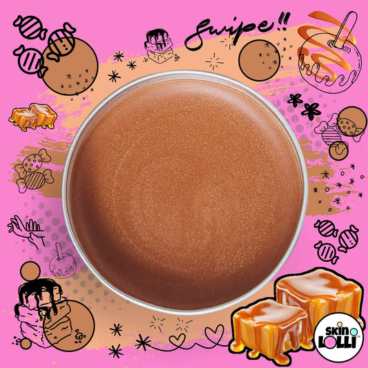 Open tin of Caramel Cray Cray which is a caramel-colored swipe on scent. it is surrounded by caramel treat doodles