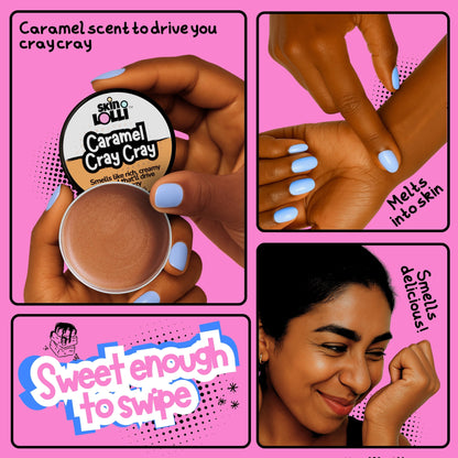 grid of 4 images with girls holding and applying the swipe on scent Caramel Cray Cray by Skin Lolli. Tagline reads, Sweet enough to swipe. Headlines read, caramel scent to drive you cray cray, melts into skin, smells delicious.