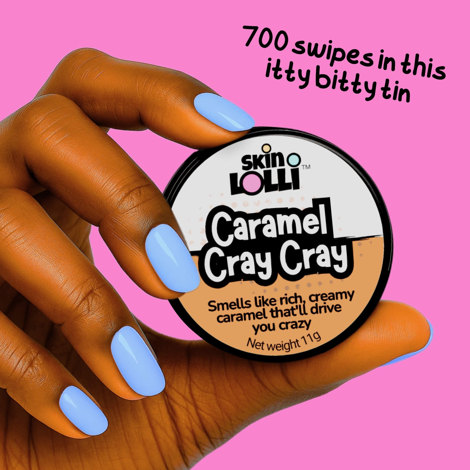 Hand holding Skin Lolli 'Caramel Cray Cray' against a pink background