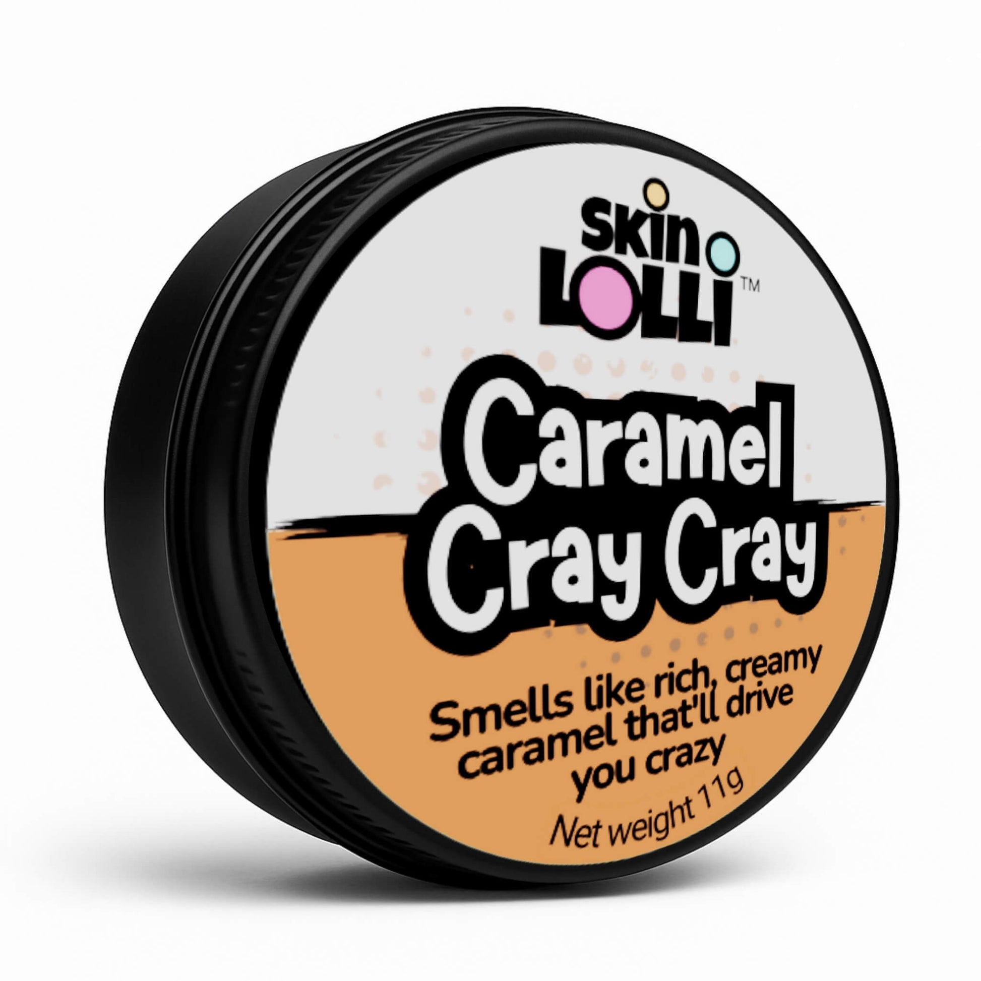 tin of skin lolli Caramel Cray Cray on white background