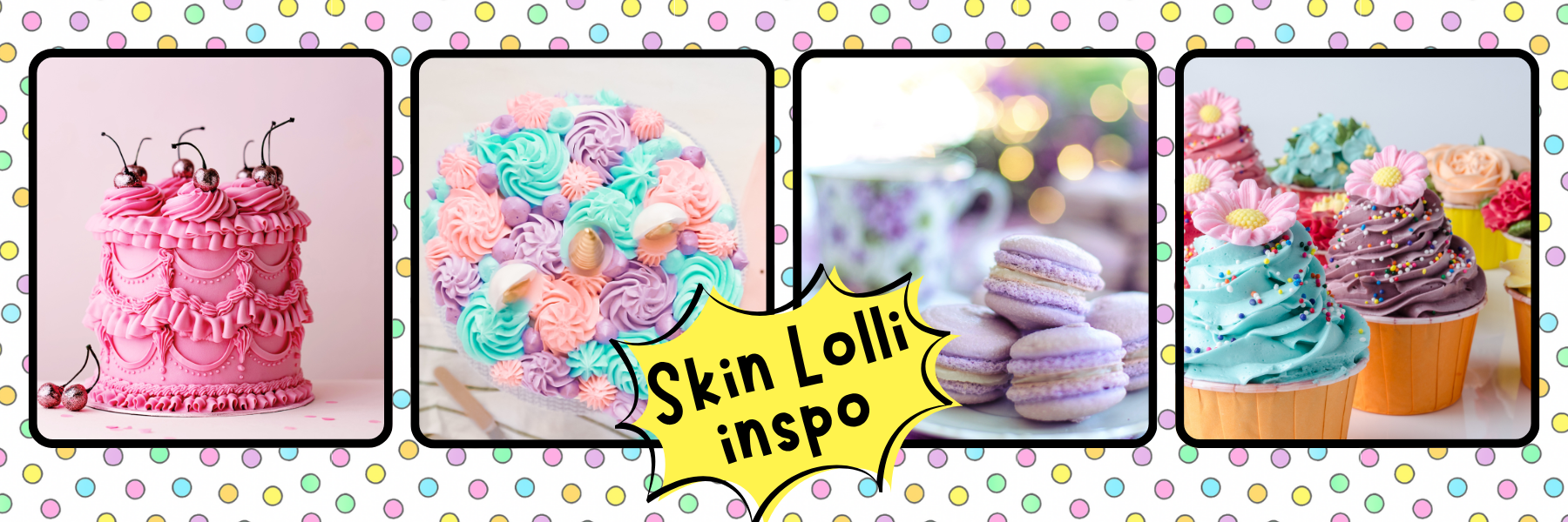 4 images showcasing the inspiration for Skin Lolli scents - colourful buttercream cakes, macarons, cupcakes against a backdrop of candy coloured polka dots