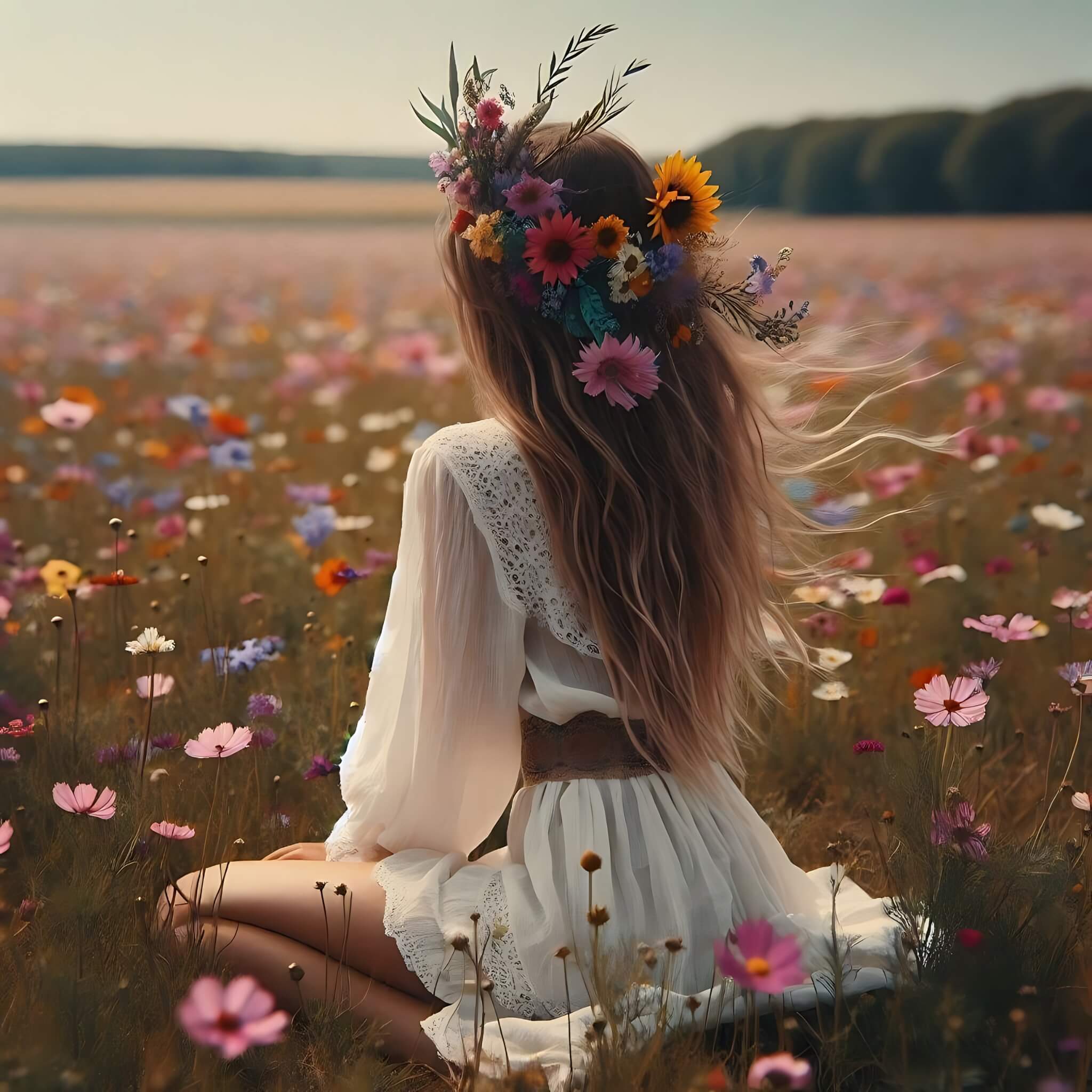 girl on her knees in a field of wildflowers with flowers in her hair