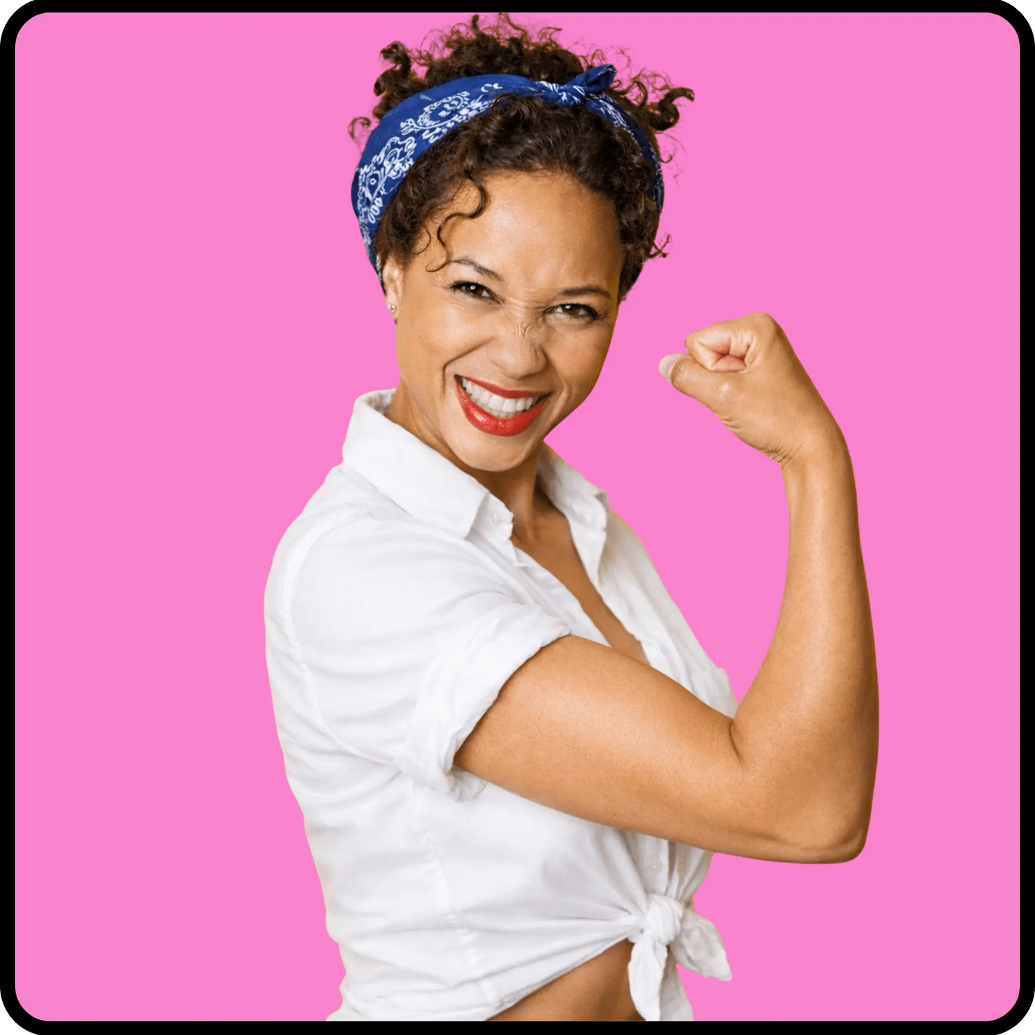 Woman flexing her arm on a pink background