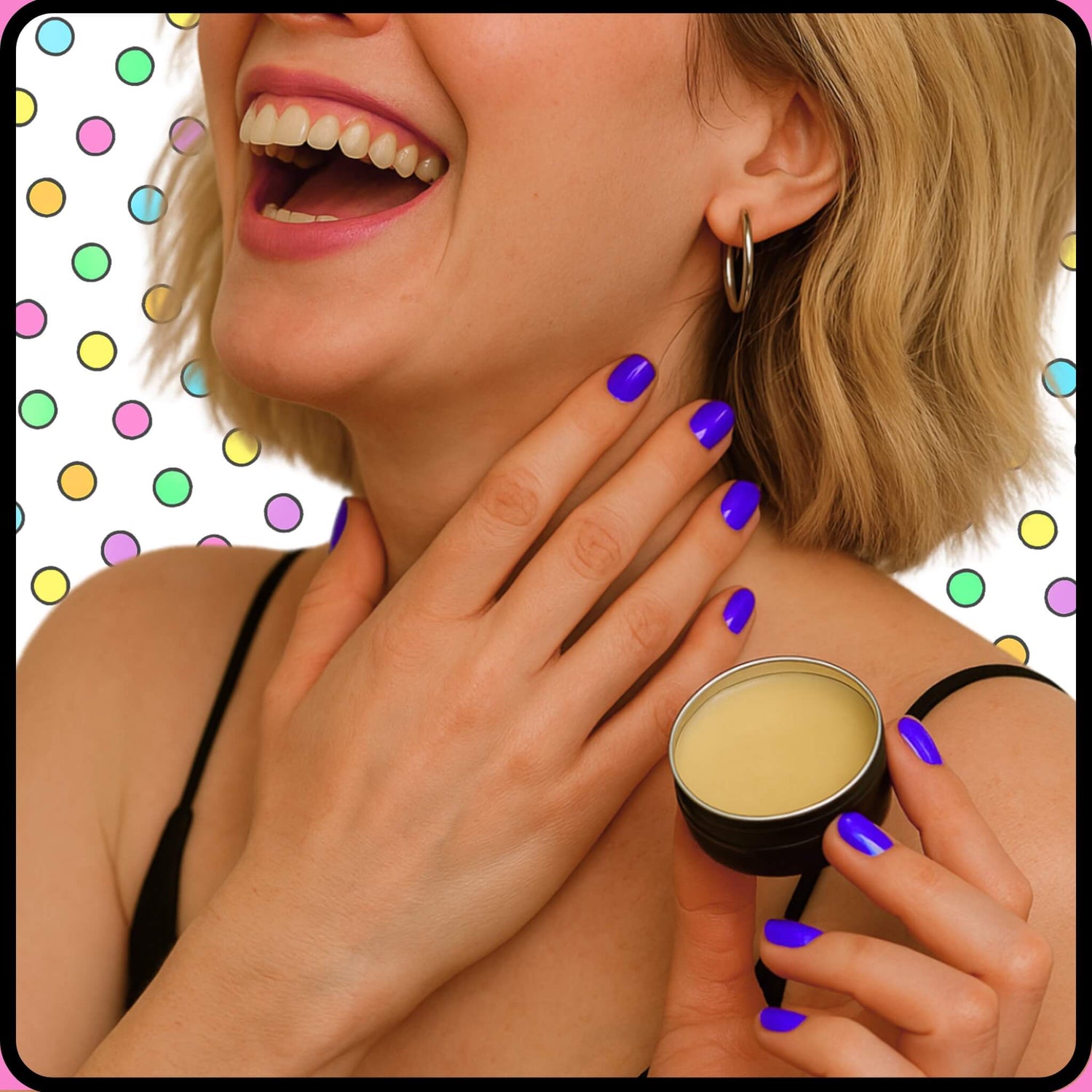 woman holding a Skin Lolli tin and applying the scent to her neck