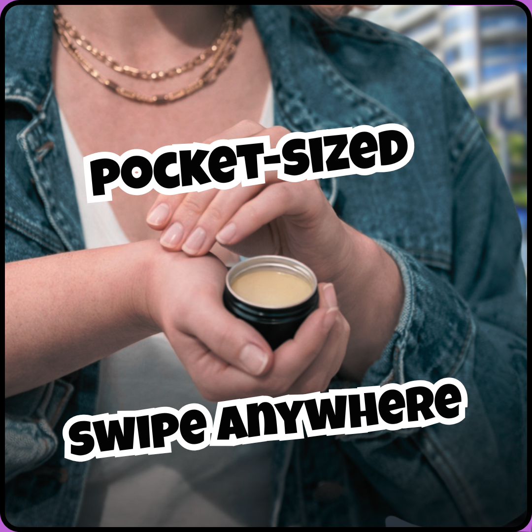 Person in street applying skin lolli swipe-on scent from a small tin with text 'Pocket-sized, swipe anywhere'