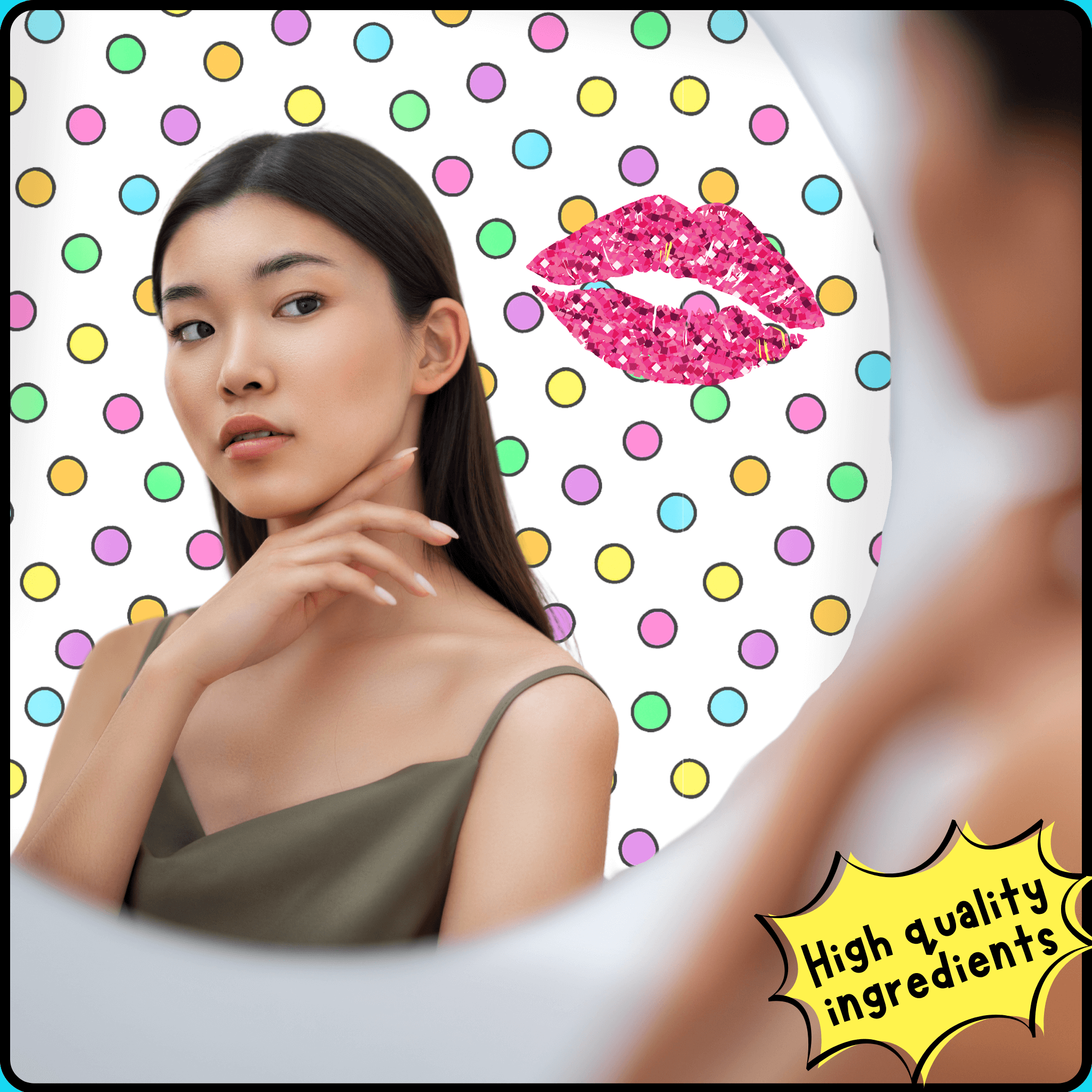 girl in bathroom looking at herself in the mirror with a critical eye. caption reads: high quality ingredients