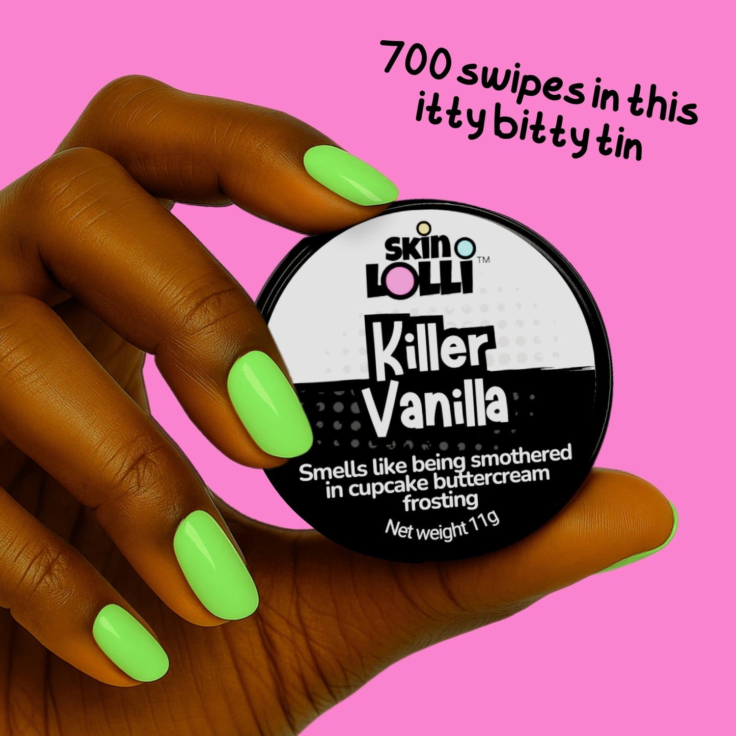 Hand holding a container of 'Killer Vanilla' by Skin LOLLI against a pink background